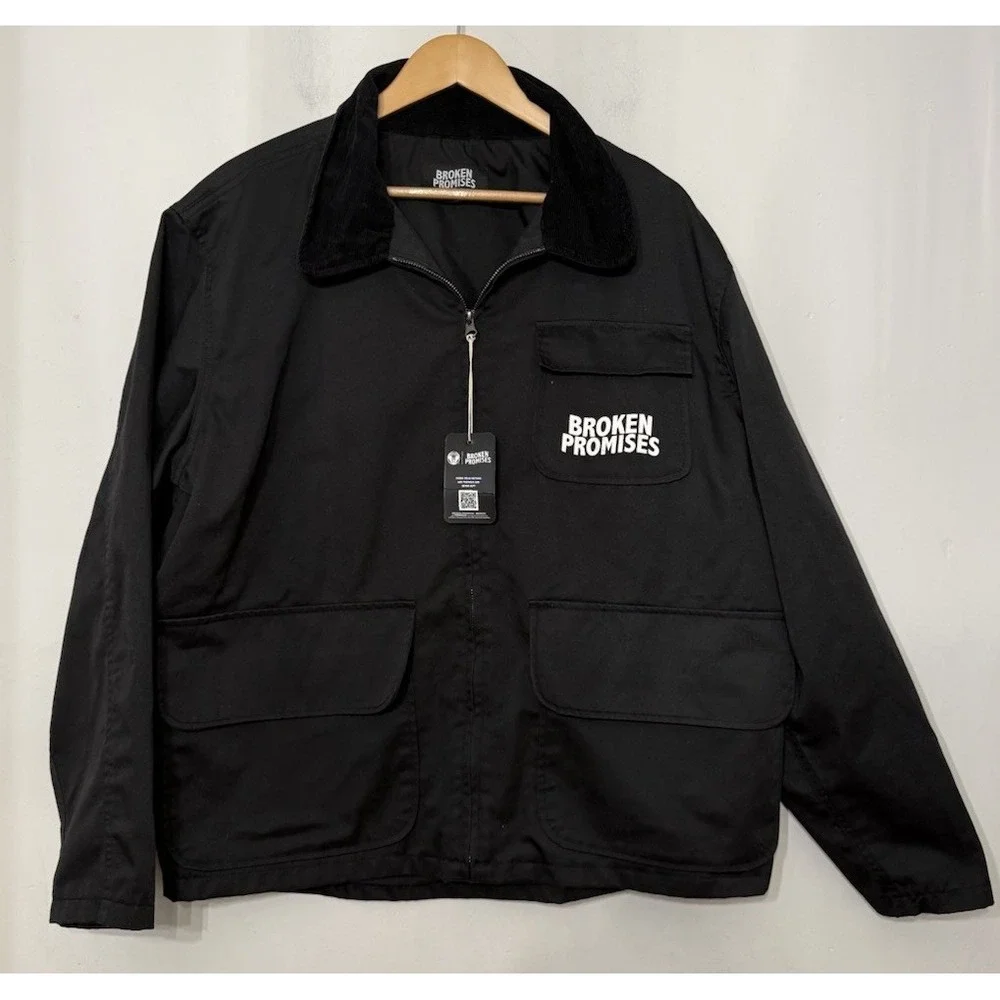 Broken Promises Mens Black Rabid Printed Work Jacket XL Chore Canvas NWT Skate